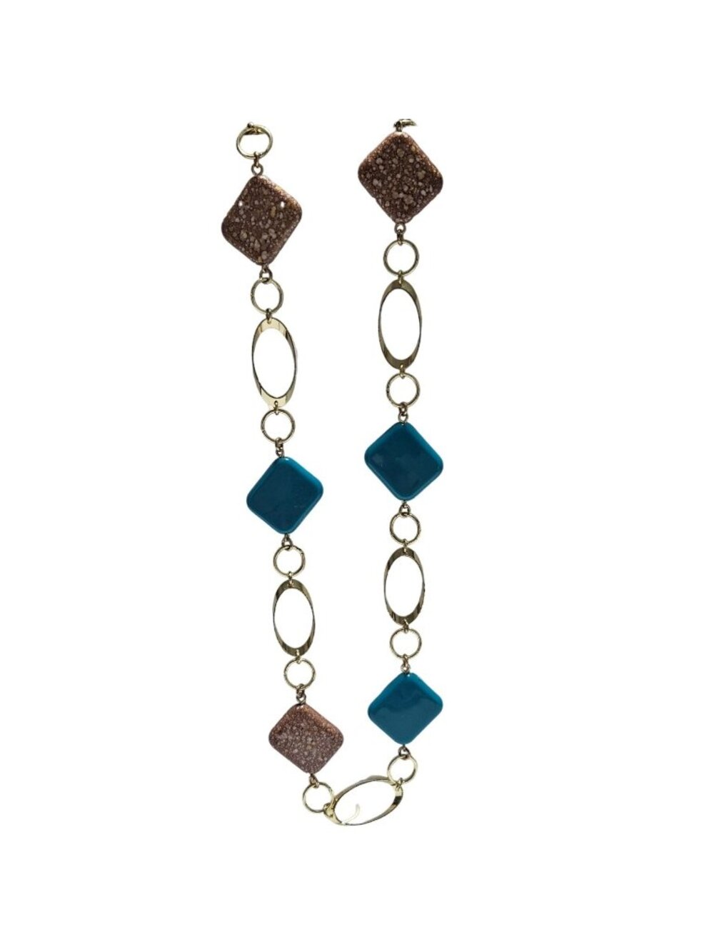 Boho Geometric Beaded Necklace Gold Tone Chain Teal Brown Beads Fashion Jewelry